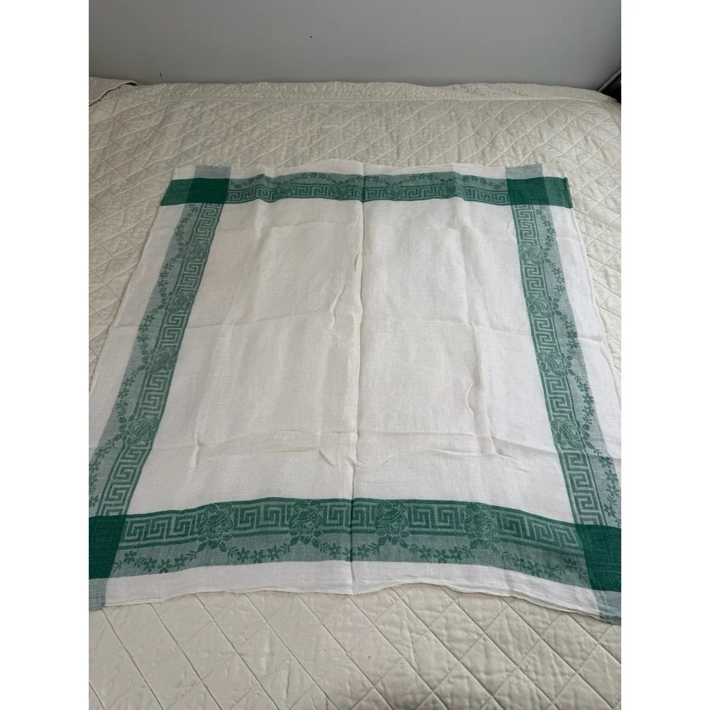 Vintage Linen Damask Tablecloth 32x32 Green Greek Key Floral Border